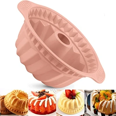 Image of LANYOTA Cake Mould Silicone Baking Pan, 24cm 9.5&#039;&#039; Fluted Tube Pan Ring Tin for Baking, Round with Handle Grips, Non Stick Coating Chiffon Cheesecake Gugelhupf (Pink)