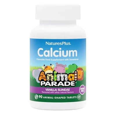 Image of NaturesPlus Animal Parade Sugar Free Children&#039;s Calcium Vanilla Sundae Flavour Vegan, Gluten 90 Chewable Shaped Tablets