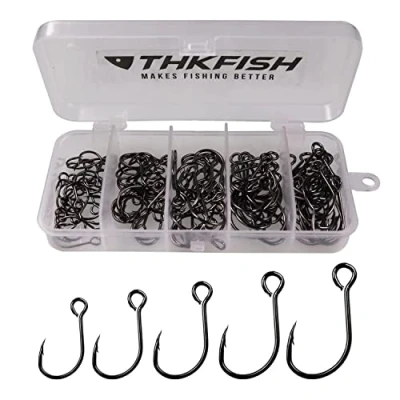 Image of THKFISH 100pcs/Box Inline Single Hooks Replacement Fishing for Lures Baits Circle Large Eye with Barbed Saltwater freshwater #2#1 1/0 2/0 3/0 Black