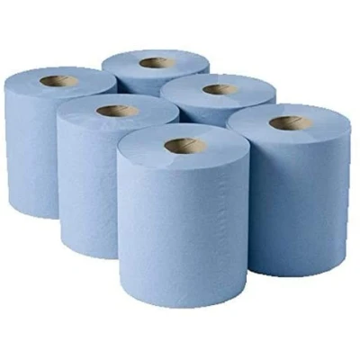 Image of Indigo® Blue Centrefeed Roll 150m x 166mm 2 ply Hygiene Absorbent Strong Wiping Tissue Cleaning Home and Office (6 Rolls)