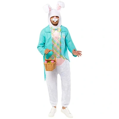 Image of amscan 9914646 Adults Plush Easter Bunny Jumpsuit &amp; Hood Fancy Dress Costume (Small)