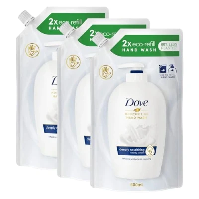 Image of Dove Moisturising Eco Refill for Liquid Hand Wash Effective Antibac Cleansing 24H Nourishment and Instantly Soft Skin 500ml, 3 Pack