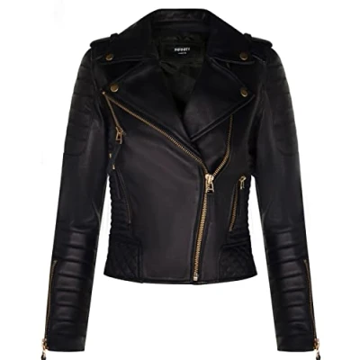Image of Ladies Leather Biker Jacket Quilted Matte Black Gold Zip Real Nappa Goth Fashion Moto M