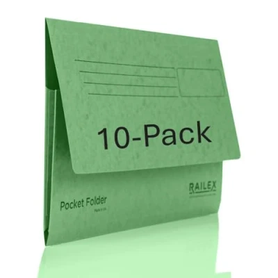 Image of Railex Pocket Folder Foolscap Document Wallets Emerald Folders for Paperwork A4 and A4+, Recycled Board File Wallet, Premium Filing Office Home Pack of 10