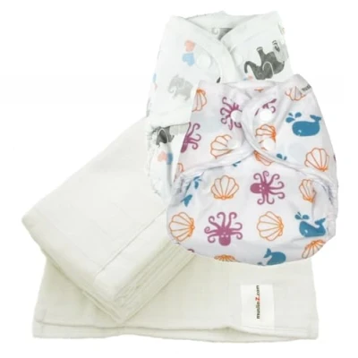 Image of MuslinZ Reusable Cloth Nappy Bundle, Size 1 (Newborn to 6 Months), 2 x PUL Wrap/Covers with Double Gusset + 100% Cotton Muslin Prefolds (Sealife/Elephants)