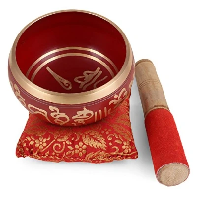 Image of Zap Impex Tibetan Meditation Om Mani Singing Bowl/Cushion/Mallet 4 Inch Red