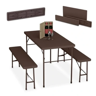 Image of Relaxdays Folding Furniture Set of 3, Garden Table &amp; Two Benches, Parties, Camping, HWD: 73 x 120 61 cm, Brown