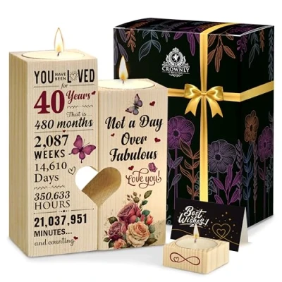 Image of CROWNLY CRYSTAL® 40th Birthday Gifts for Women Mum Personalised Candle Holder Decoration Gift Sets Inspirational