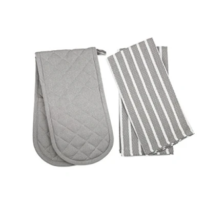 Image of Penguin Home Heat Resistant Oven Gloves with Set of 2 Tea Mitt &amp; Potholder for Cooking Maximum Protection/Kitchen Accessories(Grey) Size (18x90 65x45 cm)