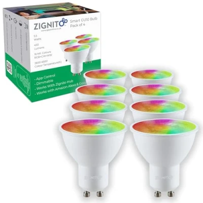 Image of ZIGNITO GU10 Smart Bulb, White &amp; Colour LED, Works with, Alexa, Hey Google, S&#039;Things (Hub Required) Zigbee GU10, Spotlight, Up to 16 Million hue of Colours and Whites. (Pack 8)