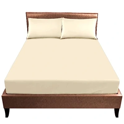 Image of Breathable Lightweight Plain Dyed Super King Fitted Sheet Bedding Set, Luxury Polycotton Non Iron Superking Sheet, Extra Deep Soft Elasticated Corner Bed Sheets (25 cm), Cream