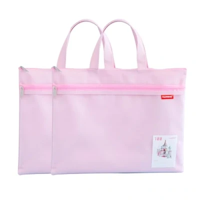 Image of A4 Document Bag Zip Nylon Mesh Waterproof Double Labels Student Office Supplies Travel Pink 2PCS