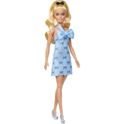 Image of Barbie Fashionistas Doll #237 with Wavy Blonde Ponytail Wearing Blue Bow Halter Dress, Black Hair Accessory and Matching Heels, HYT93