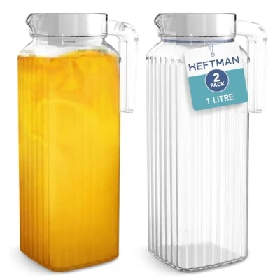 Image of HEFTMAN Glass Water Jug for Fridge 2 Pack (1 Litre) Jugs with Lids Ribbed Design, Spill Free Spout, Vented Lid Hot/Cold Ice Tea Coffee Milk &amp; Juice Transparent Pitcher