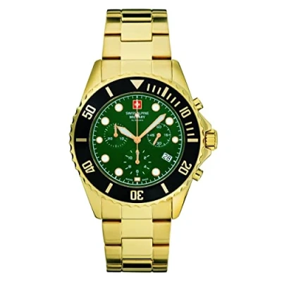 Image of Swiss Alpine Military Men&#039;s Watch Chronograph Analogue Quartz 7053.9 Stainless Steel, Gold/Black/Green 9114SAM