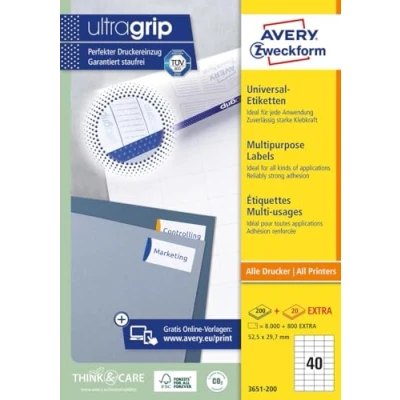 Image of AVERY Zweckform 3651 200 Universal Labels (8,000 Plus 800 Adhesive Extra, 52.5 x 29.7 mm on A4, Matte Paper, Individually Printable, Self Stickers with Ultragrip) 220 Sheets, White