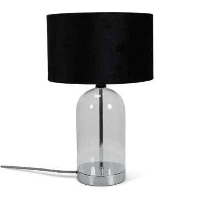Image of Glass and Silver Chrome Metal Bedside Table Lamp with a Black Velvet Lampshade Living Room Bedroom Light