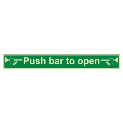 Image of V Safety Glow In The Dark Push Bar To Open Door Sign 600mm x 75mm Self Adhesive Vinyl