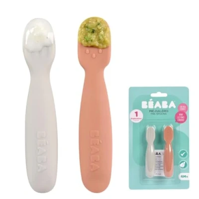 Image of BEABA, Set of 2 1st Age Baby Spoons, Silicone Teaspoons, Cutlery, from 4 Months, Ergonomic Shape, Different Textures, Handle, Terracotta/Velvet Grey