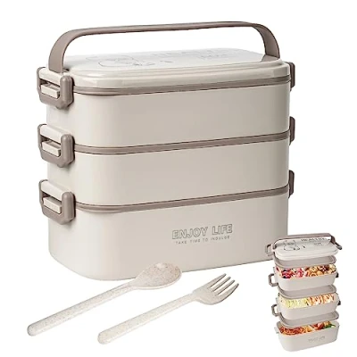 Image of Yirochan 2700ml 3 Layer Bento Box with Fork &amp; Spoon, 4 in 1 Lunch for Adults, Meal Prep Container Food Storage Men Women Student School Office, Microwave Dishwasher Safe Available (Khaki)