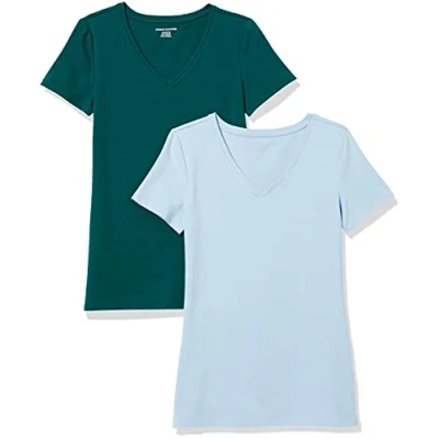 Image of Amazon Essentials Women&#039;s Classic Fit Short Sleeve V Neck T Shirt, Pack of 2, Dark Green/Powder Blue, M