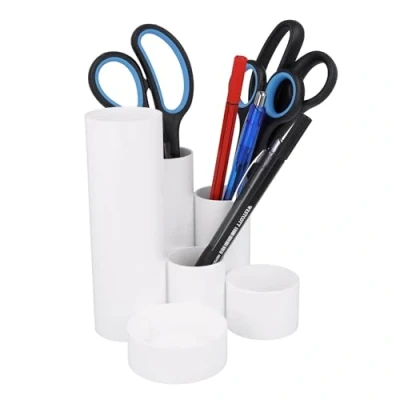 Image of Westcott pen holder white with 6 round compartments as desk organiser clear storage of pens and office accessories E 744578 00