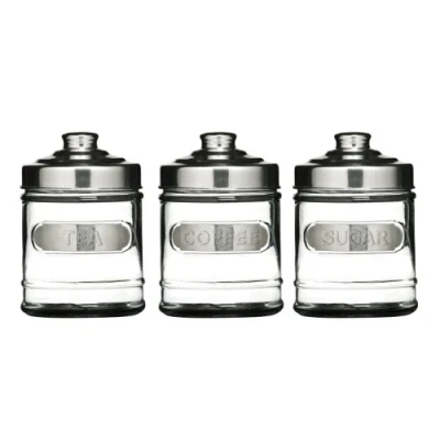 Image of Small Round Glass Tea, Coffee and Sugar Jars with Aluminium Lids, 8.5cm Diameter x 11cm Height, Set of 3