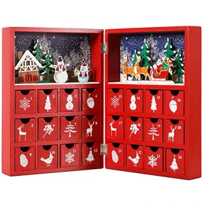 Image of BRUBAKER Reusable Wooden Advent Calendar to Fill Red Christmas Book with 24 Doors DIY 8.27 x 3.54 11.81 inches