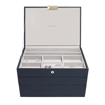 Image of Stackers Navy Classic Medium Jewellery Box, Set of 3