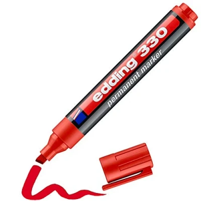 Image of edding 330 permanent marker red 1 pen chisel nib 5 mm waterproof, quick drying, smear proof pens for cardboard, plastic, glass, wood, metal and fabric