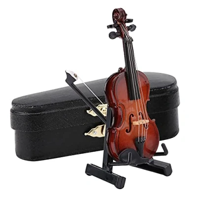 Image of Miniature Violin, 8cm Wooden Mini Musical Instrument Violin Model with Bow Support and Black Case for Home Decor Kids Dollhouse Accessory