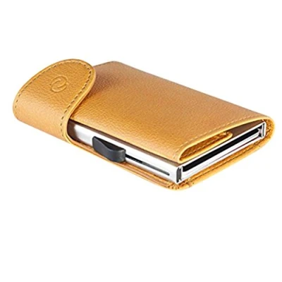 Image of C secure Card Holder in Mustard Brown Italian Leather RFID NFC Blocker Wallet