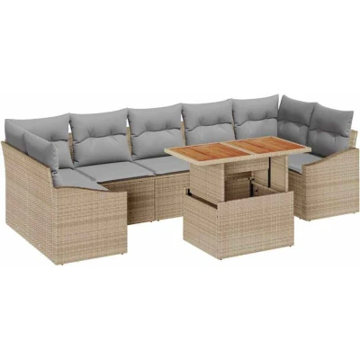 Image of vidaXL 8 Piece Garden Dining Set with Cushions Beige Poly Rattan Acacia