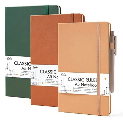 Image of A5 Notebooks Multipack, Feela 3 Pack Ruled Lined Notepads (120 GSM), Hardback Journal Notebook with Black Gel Pens, 128 Pages/Pack, 21 x 13cm, Vintage Colours, Green, Orange, Brown