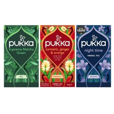 Image of Pukka Herbs Tea for Morning to Night Supreme Matcha, Turmeric Active and Time Bundle of 3 boxes, 20 Sachets Each