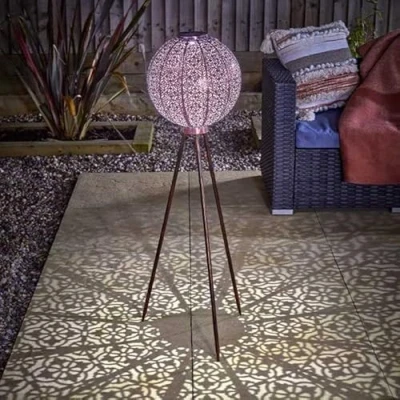 Image of Garden Mile TriSol Free Standing Tripod Solar Powered Lantern Large Silhouette Effect Power Indoor Outdoor Lighting Home Bar Café Vintage Look Patio (Damasque)