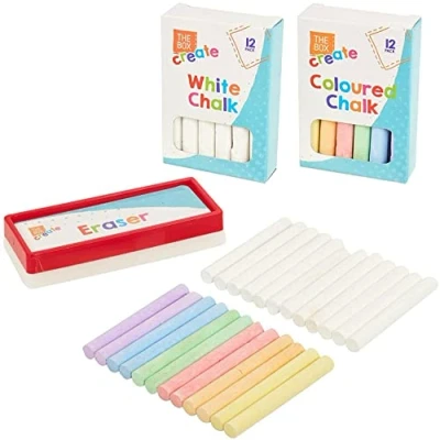 Image of JKG® 25 PIECE CHALK &amp; Eraser SET For KIDS Children&#039;s Outside Pavement Patio Drawing Sponge Walls, Blackboard, Chalkboard, School (12 WHITE 12 MULTI COLOURED CHALK, 1 ERASER)