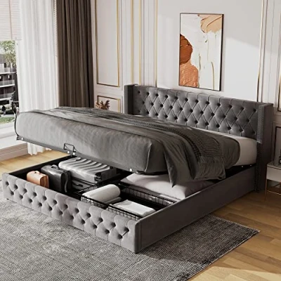 Image of ModernLuxe Upholstered Bed with Hydraulic Lever, Lift Up King Size Frame, Functional Storage (150 x 200 cm, Mattress not included) Velvet Grey