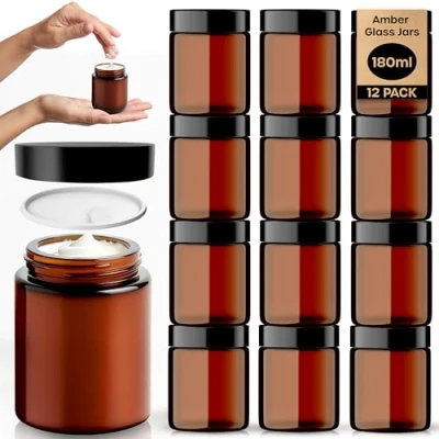 Image of Amber Glass Jars 12 Pack (180ml) with Lids Brown Travel Cosmetic Containers Inner Liner, Spatula and Lid Pots UV Protection for Powder, Lotion Cream