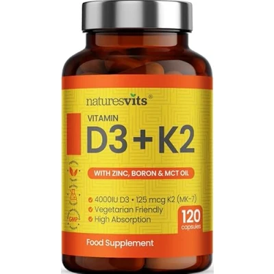 Image of NaturesVits Vitamin D3 and K2 Bone Supplement with Zinc, MCT Oil Boron for Calcium Absorption Joint Care High Strength Natural Supplements Women Men