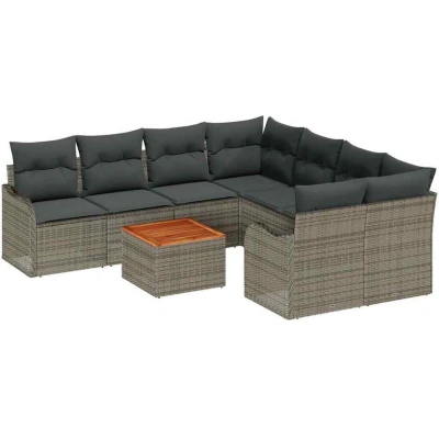 Image of vidaXL 9 Piece Garden Sofa Set with Cushions Grey Poly Rattan Acacia