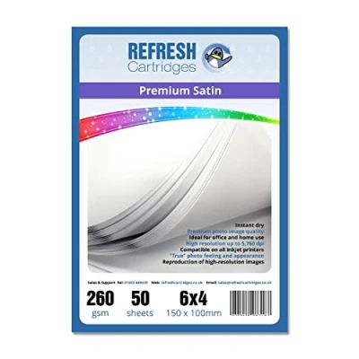 Image of Refresh Cartridges Satin Resin Coated 6x4&quot; (150x100mm) Professional Inkjet Photo Paper 260gsm 50 Sheets