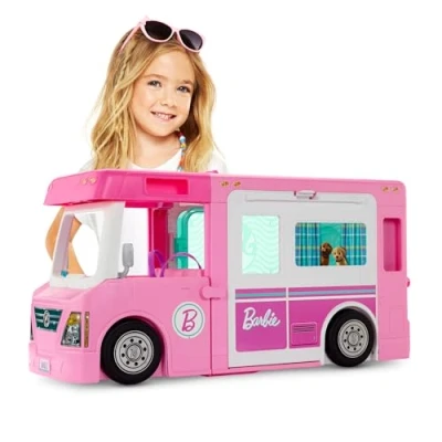 Image of Barbie 3 in 1 Dream Camper, Fully Furnished Dreamcamper Transformable into Truck, Boat, and House with 60 Toy Accessories, Toys for Ages Up, One GHL93