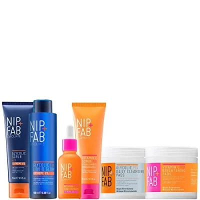 Image of Nip + Fab Get Glowing Regime Bundle lluminate the Face Skin Complexion Luminosity Boosting Glycolic Fix Pads, Scrub, Liquid Glow Vitamin C Concentrate, Pads