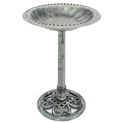 Image of CHRISTOW Plastic Resin Bird Bath for Garden, Round Pedestal Birdbath, Traditional Victorian Style, Rustic Metal Effect, Standing Outdoor Water Bowl, 60cm x 43cm (Grey)