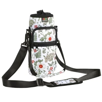 Image of Nuovoware Water Bottle Carrier Bag, 25oz/32oz Pouch Holder, Adjustable Shoulder Hand Strap 2 Pocket Sling Neoprene Sleeve Sports Accessories for Gym Hiking Travel, White Hibiscus