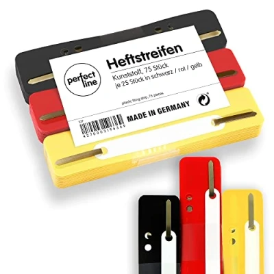 Image of perfect line 75 filing strips (3 x 25 pieces), recyclable plastic, MADE in GERMANY (black, red, yellow)