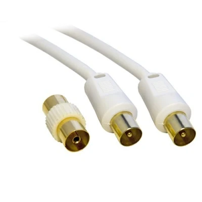 Image of 5M Metre TV VCR Video Aerial Coaxial Fly Lead / Cable Male to White + Female Coupler Gold