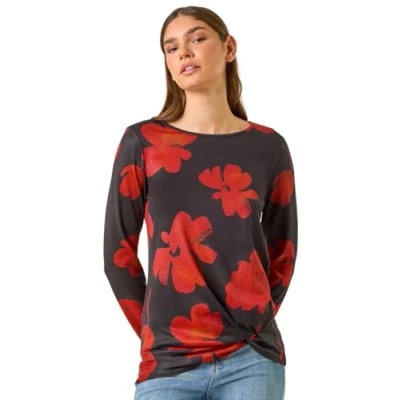 Image of Roman Originals Floral Print Stretch Hem Top for Women UK Ladies Everyday Autumn Winter Round Neckline Comfy Soft Evening Vacation Work Party Night Out Red Size 12