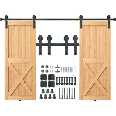 Image of VEVOR 8FT Sliding Hardware 330LBS Loading Heavy Duty Barn Track Kit for Single, Fit 3.7 4.3FT Wide and 1.3&quot; 1.8&quot; Thick Door Panel, with Smooth &amp; Silent Pulley (I Shape), Black